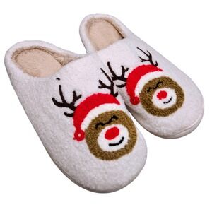 Reindeer Slippers Unisex EU 42-43 Cream Fuzzy Christmas Holiday House Shoes Gift